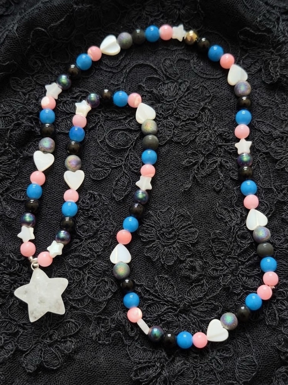 Cupidās Candy Necklace (Pink & White MOP, Rainbow Druzy Agate, Blue Jelly Glass)